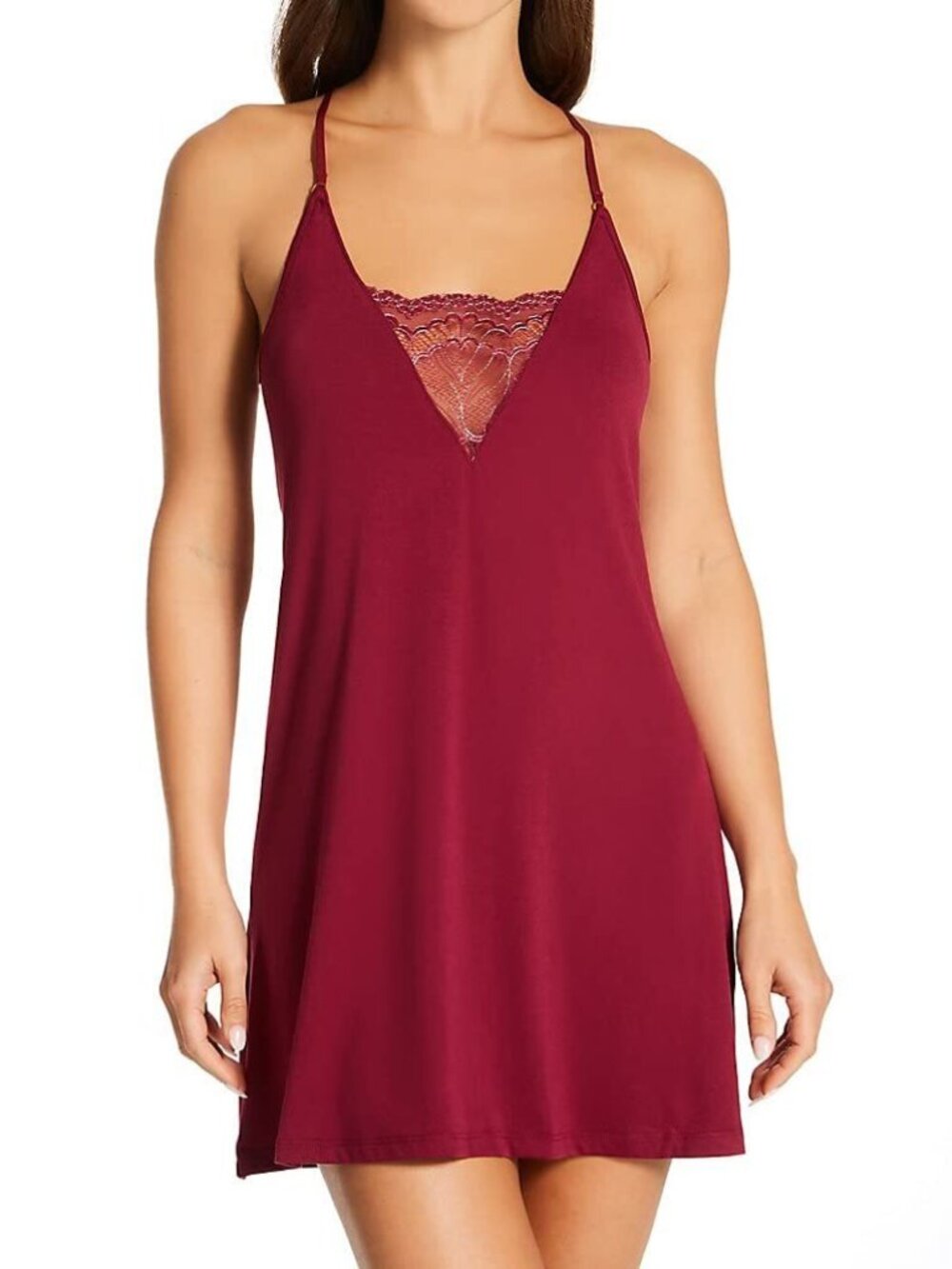 Flora Nikrooz Kat Solid Knit Chemise with Lace in burgundy-NWT